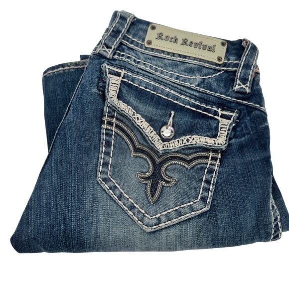 Rock Revival May Jeans Womens 27 (31x31 ACTUAL) Easy Bot Blue Denim Embellished - Picture 1 of 14